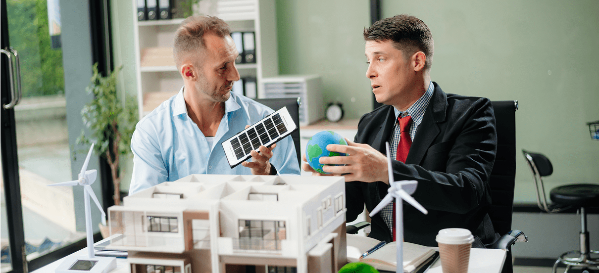 Professionals discussing sustainable energy